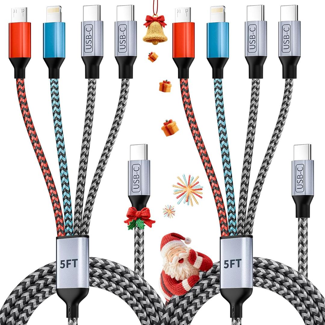 USB C 4 IN 1 Multi Charging Cable, Travel Essentials with Dual Type-C/Micro/IP Port, 2 Packs 5FT Nylon Multiple Charger Cord for iPhone 17 Pro Max/17 Air/16/15/14, Galaxy S25, iPad, Andorid and More (Gray&Blue&Red)