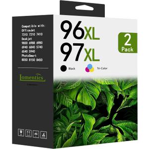 LOMENTICS 96XL 97XL Ink Cartridges Black Color Combo Pack (2-Pack, 1Black/1Tri-Color) Replacement for HP Ink 96XL 97XL for Deskjet 6940 6980 9800 Officejet 7310 7210 Printer