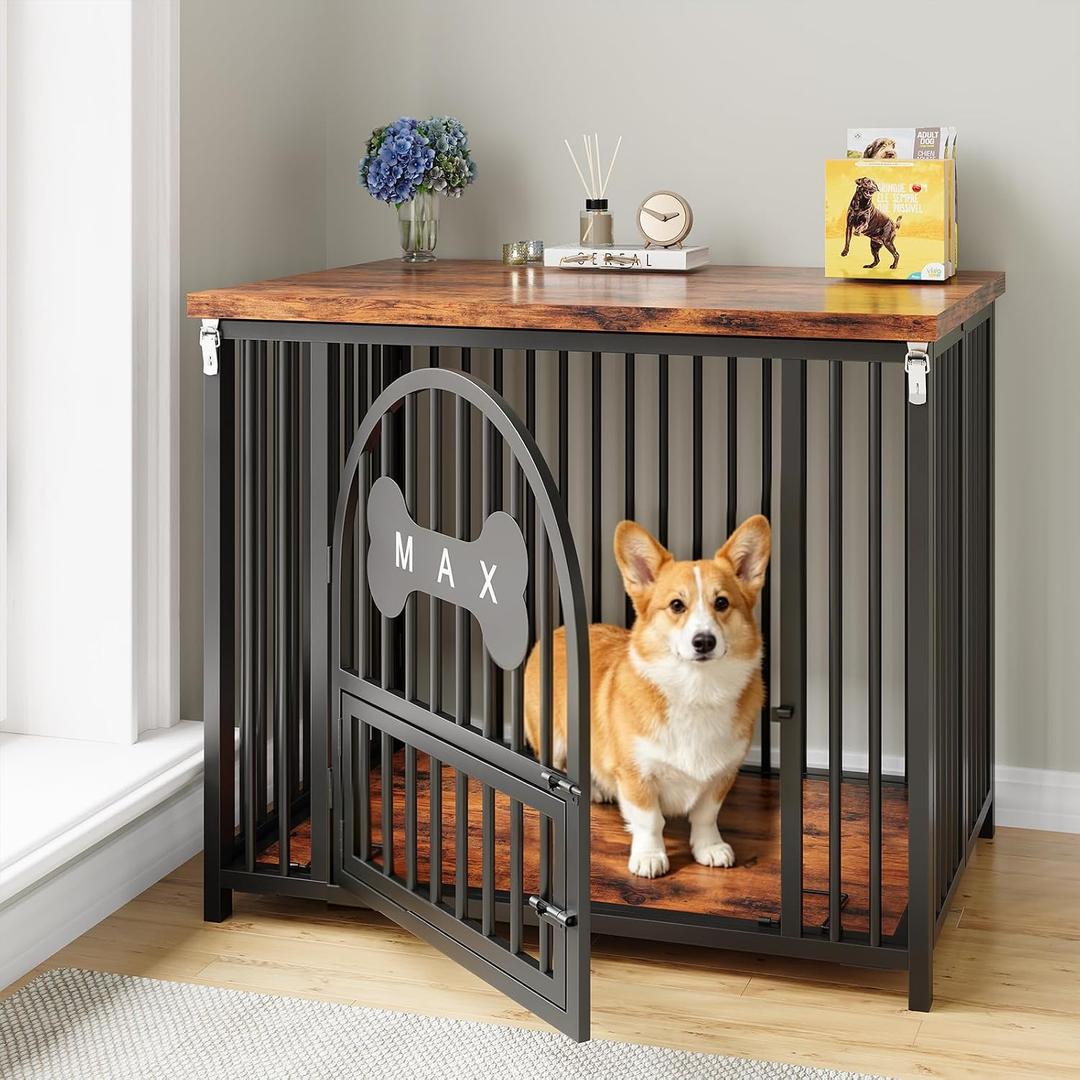 HavenlyYouth Dog Crate Furniture, No Assembly Heavy Duty Dog Kennel Indoor for Medium Dogs, Double-Door Dog Cage with Lock, Dog Crates Use as Side End Table, Rustic Brown