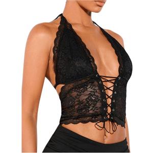 SOLY HUX Women's Sexy Lace Sheer Corset Top Halter Neck Tie Up Backless Crop Tops Party Rave Outfits Solid Black Small