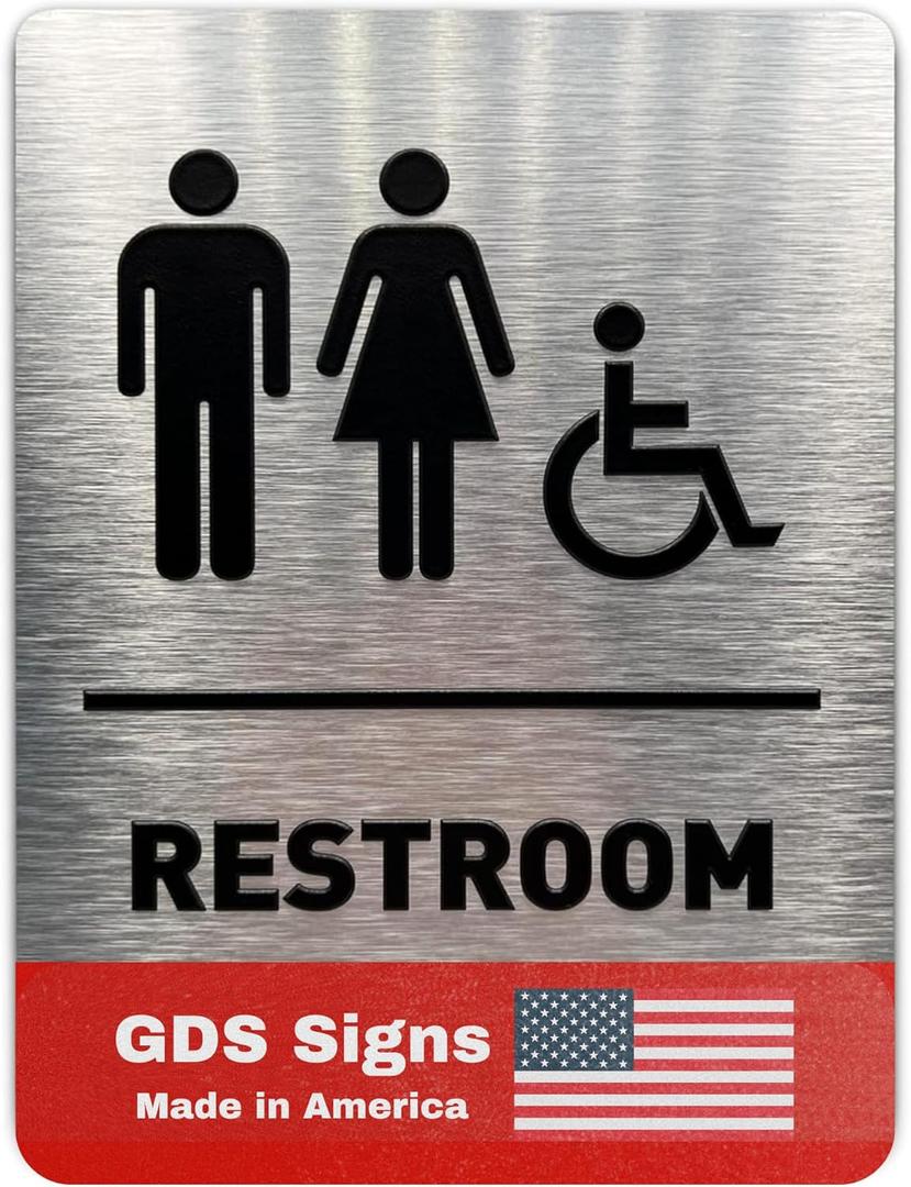 Unisex/Wheelchair Bathroom Sign by GDS - ADA Compliant, Wheelchair Accessible, Raised Icons, & Grade 2 Braille - Includes Adhesive Strips for Easy Installation - Bathroom Signs for Business, Restroom Sign, Restroom Signs for Business - 6" W x 8" H (Brushed Aluminum) - Made in USA