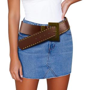 Chunky Western Belts for Woman, Boho Leather Belt with Big Buckle, Cowgirl Hip Fashion Accessory for Dresses (Brown)