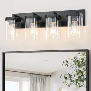 4-Light Bathroom Lighting Fixtures over Mirror, Matte Black Vanity Lights with Square Transparent Glass Shade. Modern Bathroom Vanity Light for Mirror Kitchen, Living Room, Gallery, Hallway