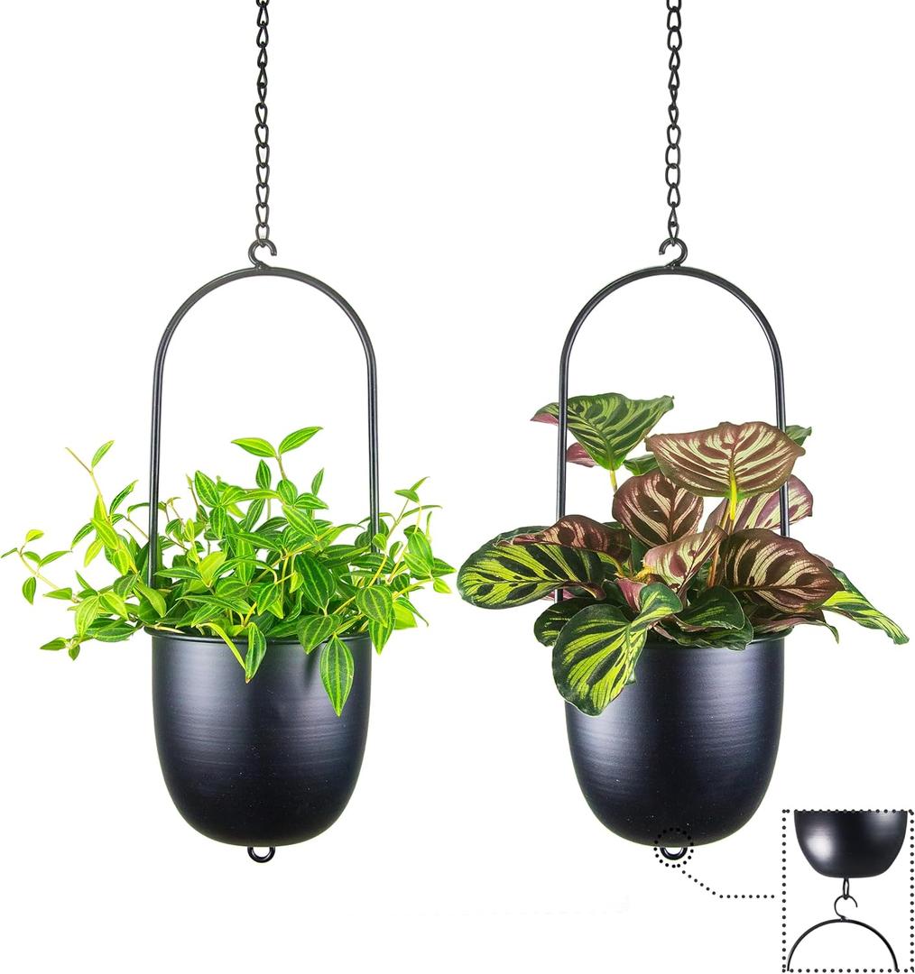 Stackable Metal Hanging Planters, Set of 2 Black Oval Plant Hangers with 6 inch Flower Pots, Modern Wall and Ceiling Plant Holders for Indoor Outdoor Plants Home Dcor (Double-Tier)