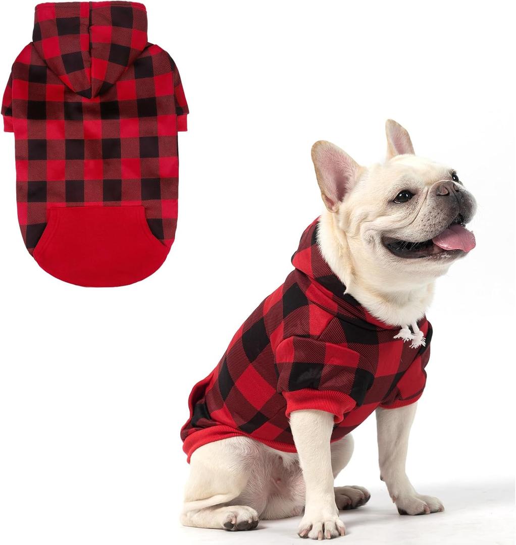 KOOLTAIL Plaid Dog Hoodie Pet Clothes Sweater with Hat and Pocket for Small Medium Large Size Dogs, Soft Winter Warm Dog Cold Weather Coat, Fleece Fall Dog Hooded Sweatshirt for Puppy Cats, Red S/M