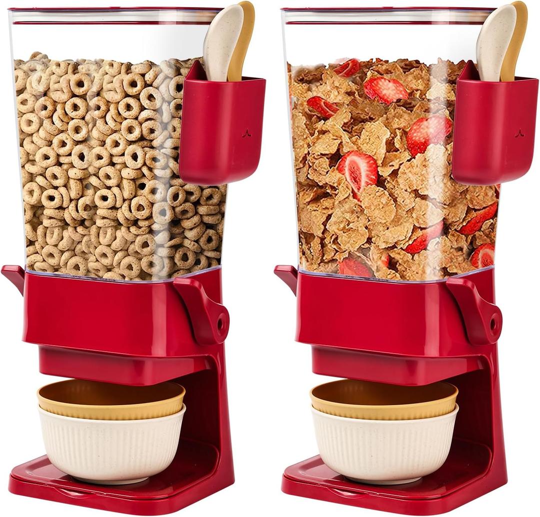 Cereal Dispenser Countertop Red 2 Pack with Creal Bowls Spoons Cutlery Box, Cereal Containers Storage - Not Easy to Crush Food, Dry Food Dispenser For Pantry Candy Snack (Red - 2pack)