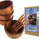 Set of 4 Small Round Acacia Wooden Bowls 4 Inch Diameter With Spoons - Stackable Mixing Bowl for Salad Soup Snack Salsa Dip Sauce Charcuterie Wood Tableware Sets for Decor and Serving