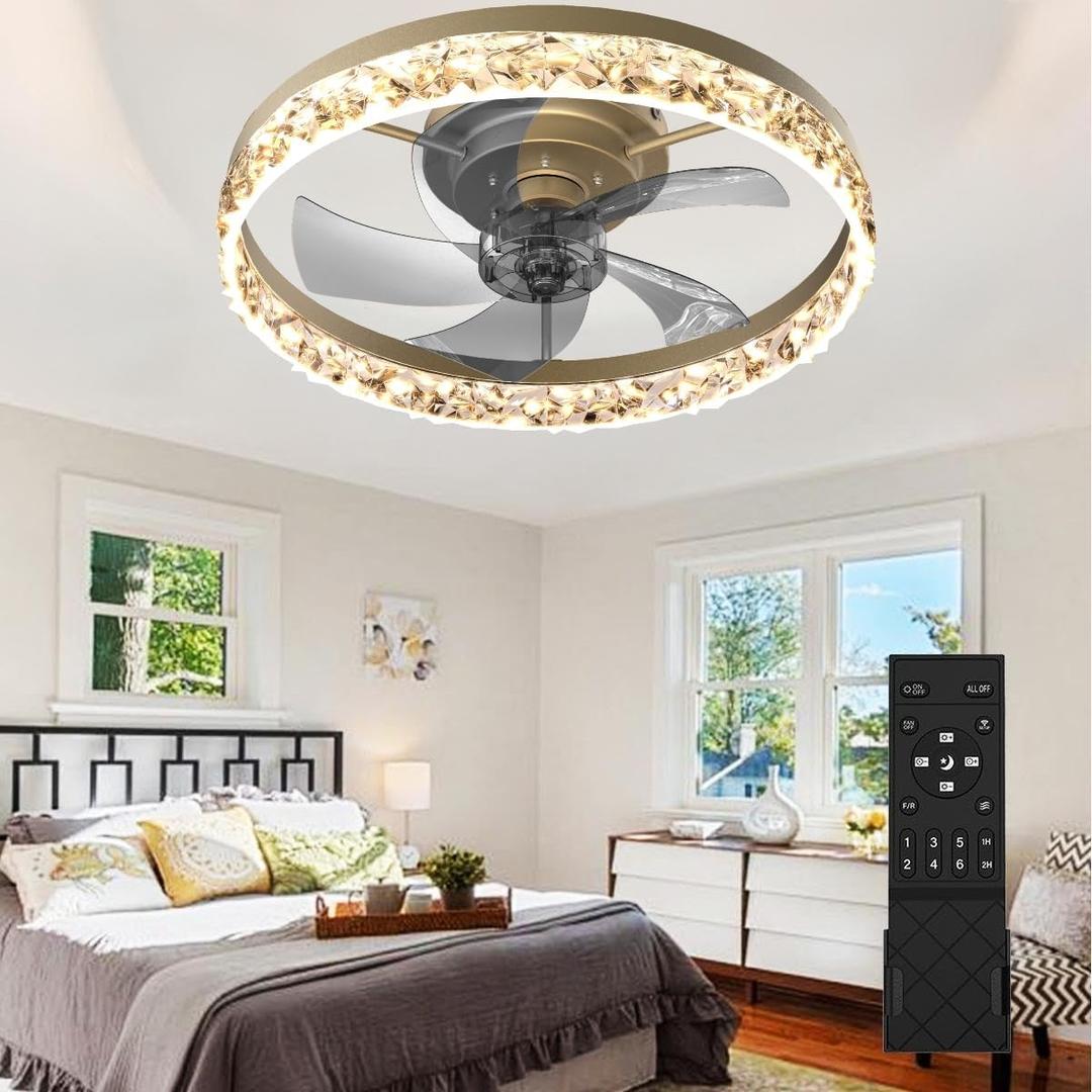 PSHRFANST 19.7" Ceiling Fans with Lights, 6-Speed Remote Control, Dimmable LED, Reversible Quiet DC Motor, Low Profile Flush Mount for Bedroom, Kitchen, Office (Gold)