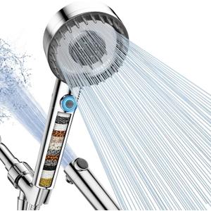 PWERAN Filtered Shower Head with Handheld, High Pressure 4 Spray Mode Showerhead with Filters, Water Softener Beads for Hard Water with ON/OFF Switch for Pets - Remove Chlorine (Chrome, 5 Inch Panel)
