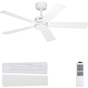 Ohniyou 48'' Ceiling Fans with Lights and Remote, 6 Speeds, 3 Colors & Dimmable LED Light, Silent DC Motor White Ceiling Fan for Living Room, Bedroom (Downrod White)