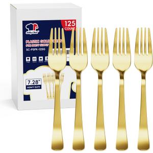 125 Count Gold Plastic Forks Heavy Duty, 7.28 Inch Gold Forks Disposable Heat Resistant Durable Plastic Utensils for Parties, Wedding, Daily Events