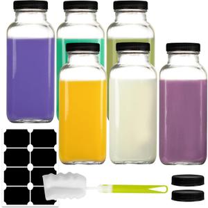 6 Pack 12 oz Glass Juice Bottles, 350 ml Glass Square Water Bottles with Lids, Reusable Empty Drinking Jars with Labels and Brush for Juice, Smoothies, Kombucha