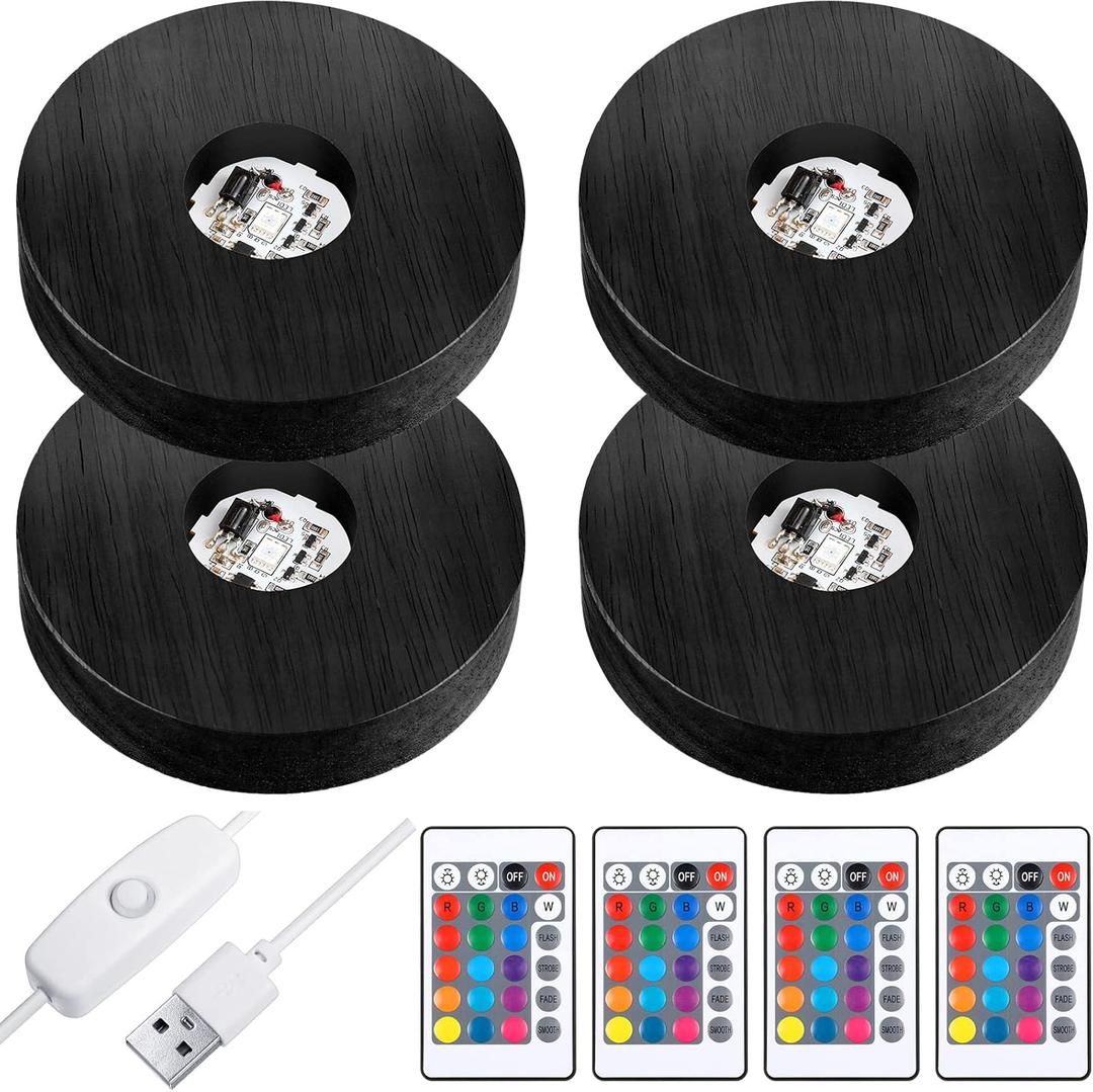 Riakrum 4 Pieces Wood LED Display Light Base Crystal Display Base Stand Round 16 Lighting Modes Wooden Lighted Round Holder Colorful Pedestal for Crystal Glass Resin Ball, Black