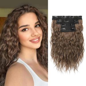 REECHO Clip in Hair Extensions - 4PCS Short Curly Wavy Hairpieces, 12" Invisible Lace Weft, Natural Soft, Light Chestnut Brown