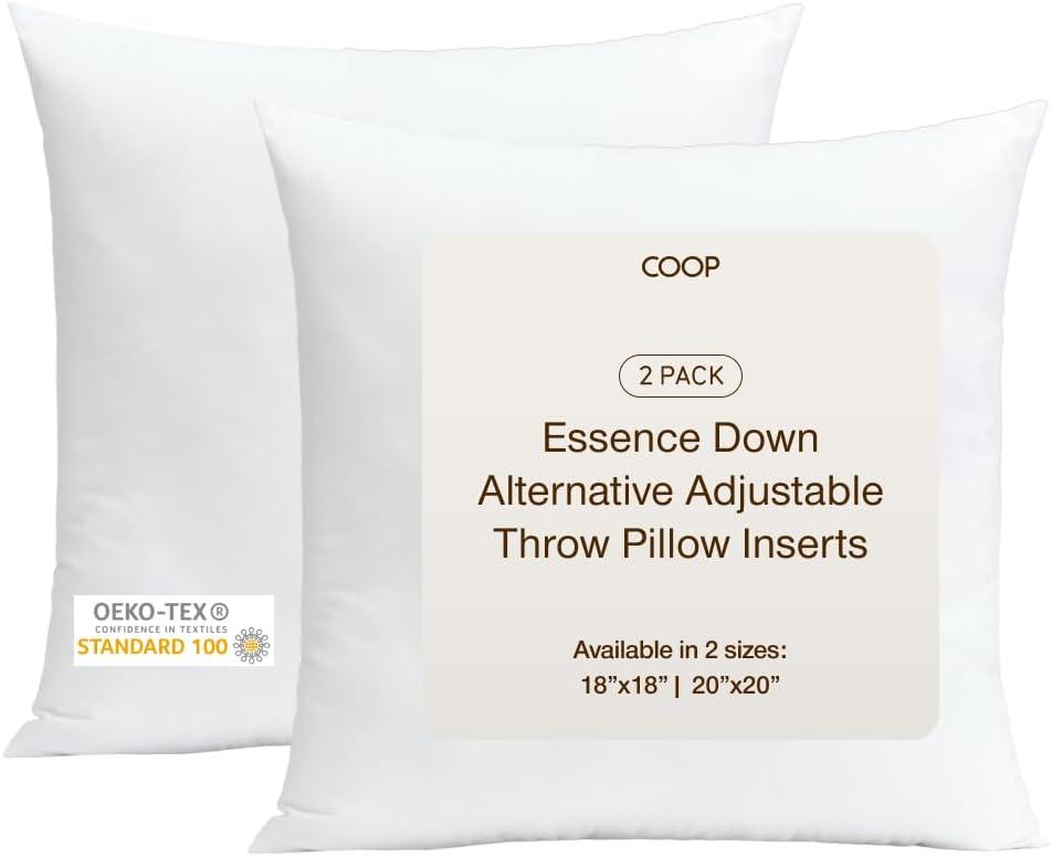 Coop Home Goods Essence Adjustable Throw Pillow Inserts 20x20, Set of 2, Adjustable Down Alternative Cushions for Couch, Bed, or Chair, Decorative Square Pillows for Living Room, Oeko-Tex Certified