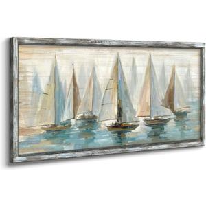 Beach Ocean Framed Wall Art: Sailboat Pictures Coastal Wooden Painting Seaside Prints Seascapes Artwork for Bedroom(40x20)