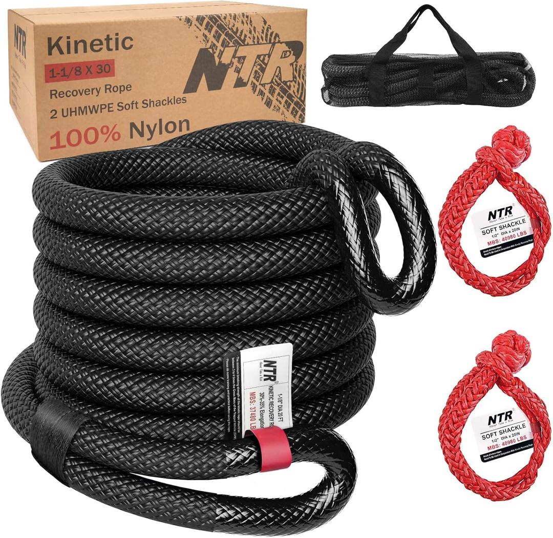 NTR 1-1/8" x 30' Kinetic Recovery Tow Rope (37,480lbs), with 2 UHMWPE Soft Shackles (40,980lbs), Heavy-Duty Offroad Snatch Strap, Vehicle Recovery kit for Jeep car Truck ATV UTV SUV, Black