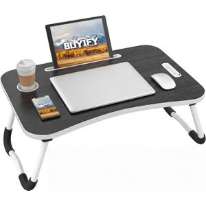 BUYIFY Foldable Lap Desk for Laptop & Writing - 23 inch Bed Tray Table with Cup Holder & Tablet Slot - Portable Notebook Stand for Eating, Sofa, Couch & WFH Students (Black)