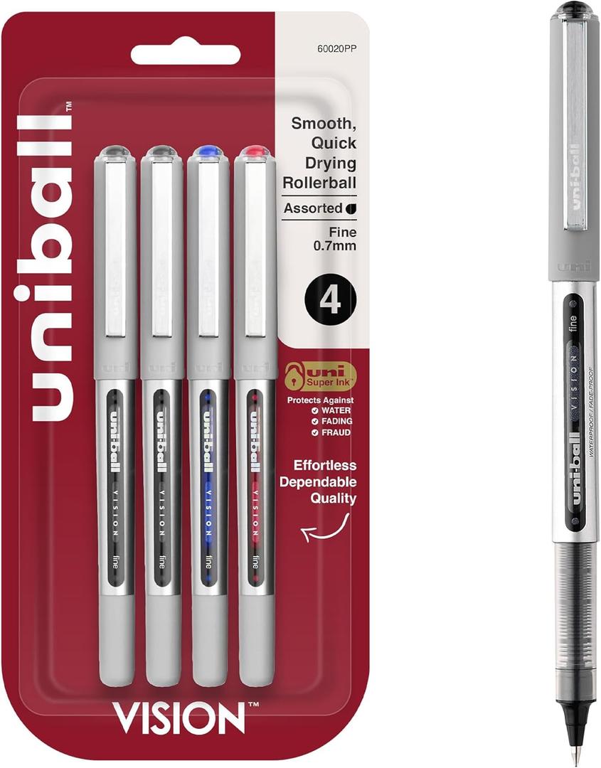 uniball Vision Rollerball Pens, Fine Point (0.7mm), Assorted Colors, 4 Pack