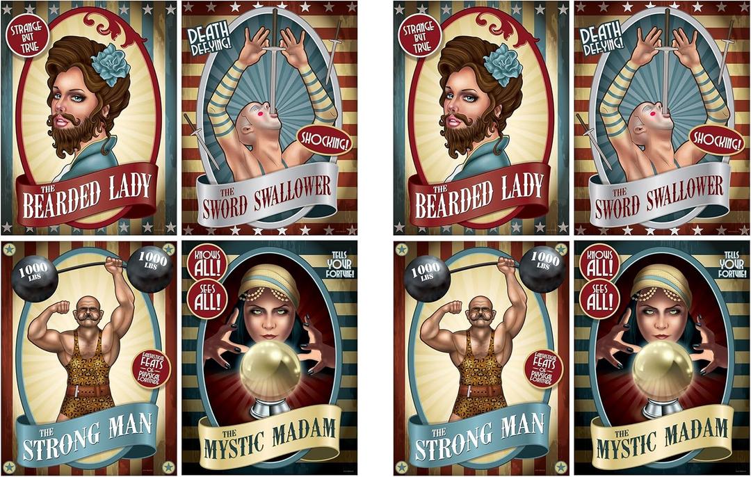 Beistle 8-Count Vintage Circus Poster Cutouts, Side Show Party Decorations, Carnival Party Supplies, Fun Fair Themed Party Accessories, 15.25"