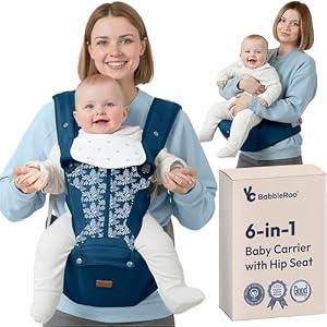 BabbleRoo 6-in-1 Baby Carrier with Hip Seat, Ergonomic Newborn to Toddler Carrier 7–50 lbs, Front Back Hip Carry, Lumbar Support, Sun Hood, Safety-Certified, Denim Leaves