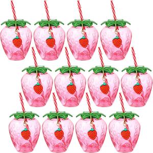 LemonRoad 12 Pcs 17 oz Strawberry Shaped Cups with Lids and Straws Reusable Cute Drinking Cups Strawberry Water Bottles for Hawaiian Summer Party