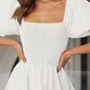 Women's 2025 Summer Square Neck Short Puff Sleeve Solid Color High Waist Casual Smocked Flowy A Line Tiered Midi Dress L