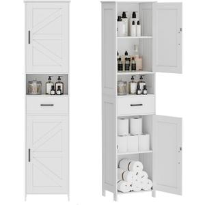 Homhedy 67" H Tall Bathroom Storage Cabinet with 2 Barn Doors and 1 Drawer, Narrow Storage Unit, Adjustable Shelves, Floor Cabinet for Bathroom, Living Room, Entryway, Kitchen, White, (15.7" W) (11.8"D x 15.7"W x 66.9"H)