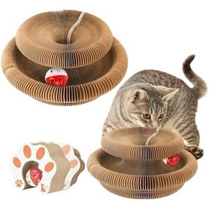 2-Pack Kitty Kurls Cat Scratcher – Foldable Magic Organ Cat Scratcher Board, Reversible Corrugated Cardboard Kitty Scratching Toy with 2 Bell Balls for Indoor Exercise