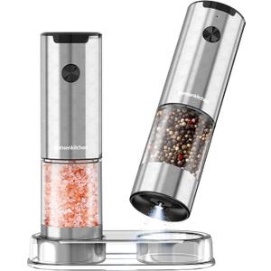 Bonsenkitchen Electric Salt and Pepper Grinder Set, 95ml Large Capacity, Clean Brush, Stainless Steel Adjustable Pepper Mill with LED for Kitchen, BBQ & Camping, Battery Powered (Not Included) (Silver)