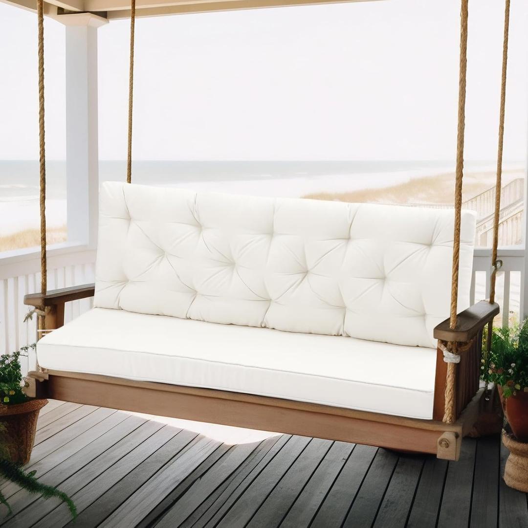 Wenqik 2-3 Seater Porch Swing Cushions with Backrest 60 x 40 x 4 Inch Thick Outdoor Waterproof Bench Pad Patio Swing Replacement Cushion, Split Design, Soft for Garden, Lawn, Backyard (Natural White)
