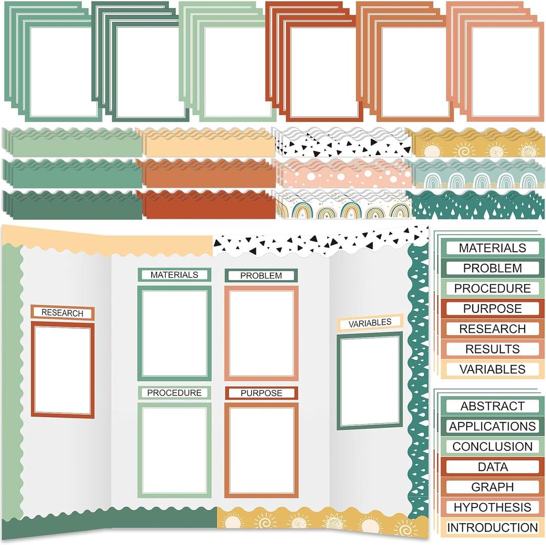 90 Pcs Science Fair Board Supplies 60 Trim Scalloped Bulletin Board Borders 24 Presentation Board Subtitles 6 Science Fair Titles for Classroom Display Boards(Geen Boho)