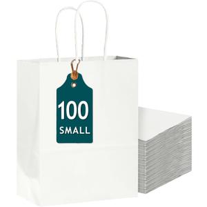 Bakepacker 100-Pack Small Size Gift Paper Bags with Handles Bulk 8.3"x6"x3.19" White Party Kraft Shopping Bags