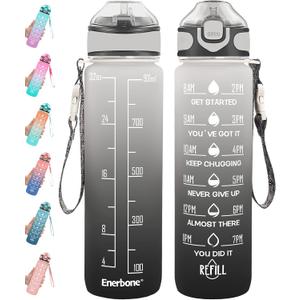 Enerbone 32 oz Drinking Water Bottle with Times to Drink and Straw, Motivational with Carrying Strap, Leakproof BPA & Toxic Free, Ensure You Drink Enough Water for Fitness Gym Outdoor (Gray-Black)