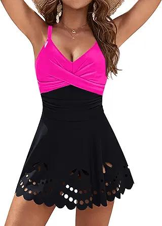 Blooming Jelly Women's One Piece Swimsuit Tummy Control with Cutout Skirt Bathing Suit Modest Twist Front Swim Dress Medium