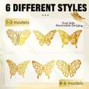 3 x Butterfly Decorations, 72 Pcs 6 Styles 3 Sizes Butterfly Wall Decor, Butterfly Party Decorations, Butterfly Wall Stickers 3D Wall Art for Room Decor Birthday Baby Shower (Gold)