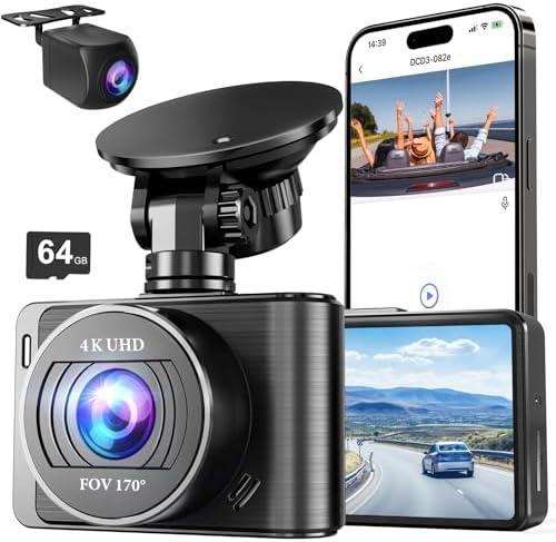 Dash Camera, 4K/1080p Dash Camera Front and Rear, Built-in 5GWiFi, Dash Cam with 64GB SD Card, Full HD 2.0” IPS Screen, for App Control, G-Sensor, Loop Recording, and Parking Mode