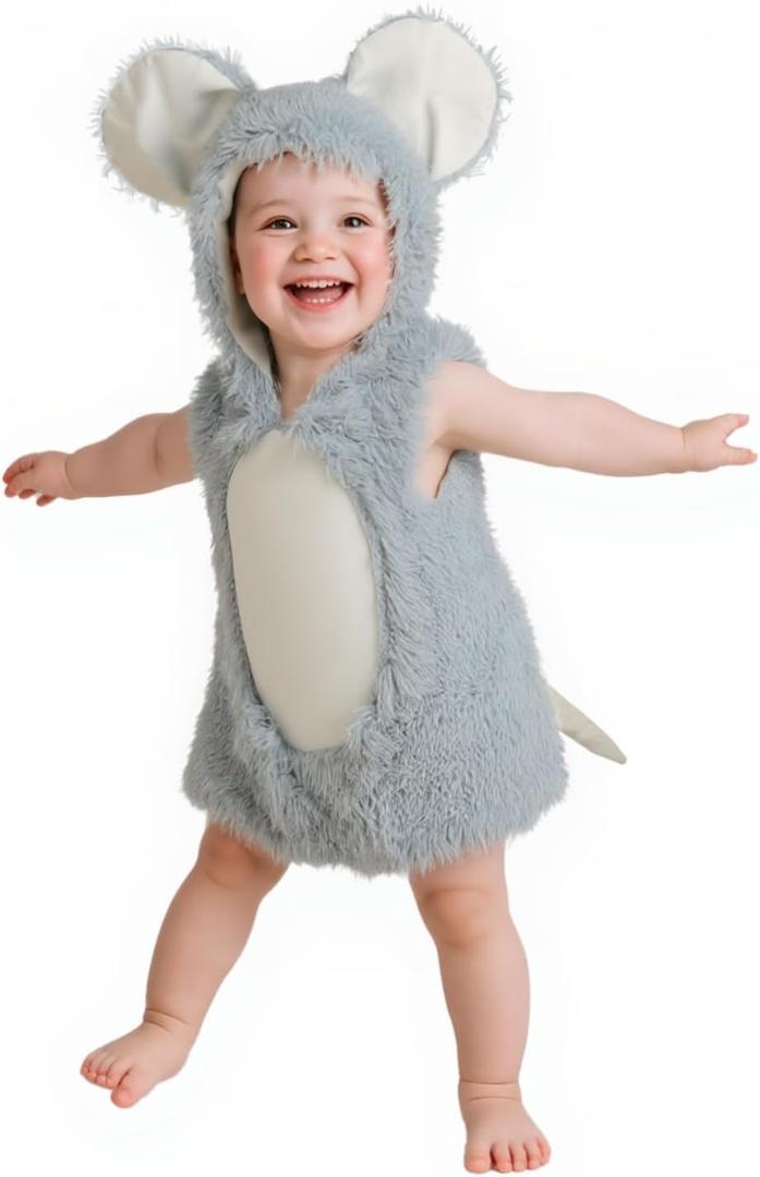 UQJE Baby Rat Costume Furry Kids Mouse Costume Halloween Cute Plush Mice Dress Up Toddler Animal Costumes (3' - 3'4", Gray)