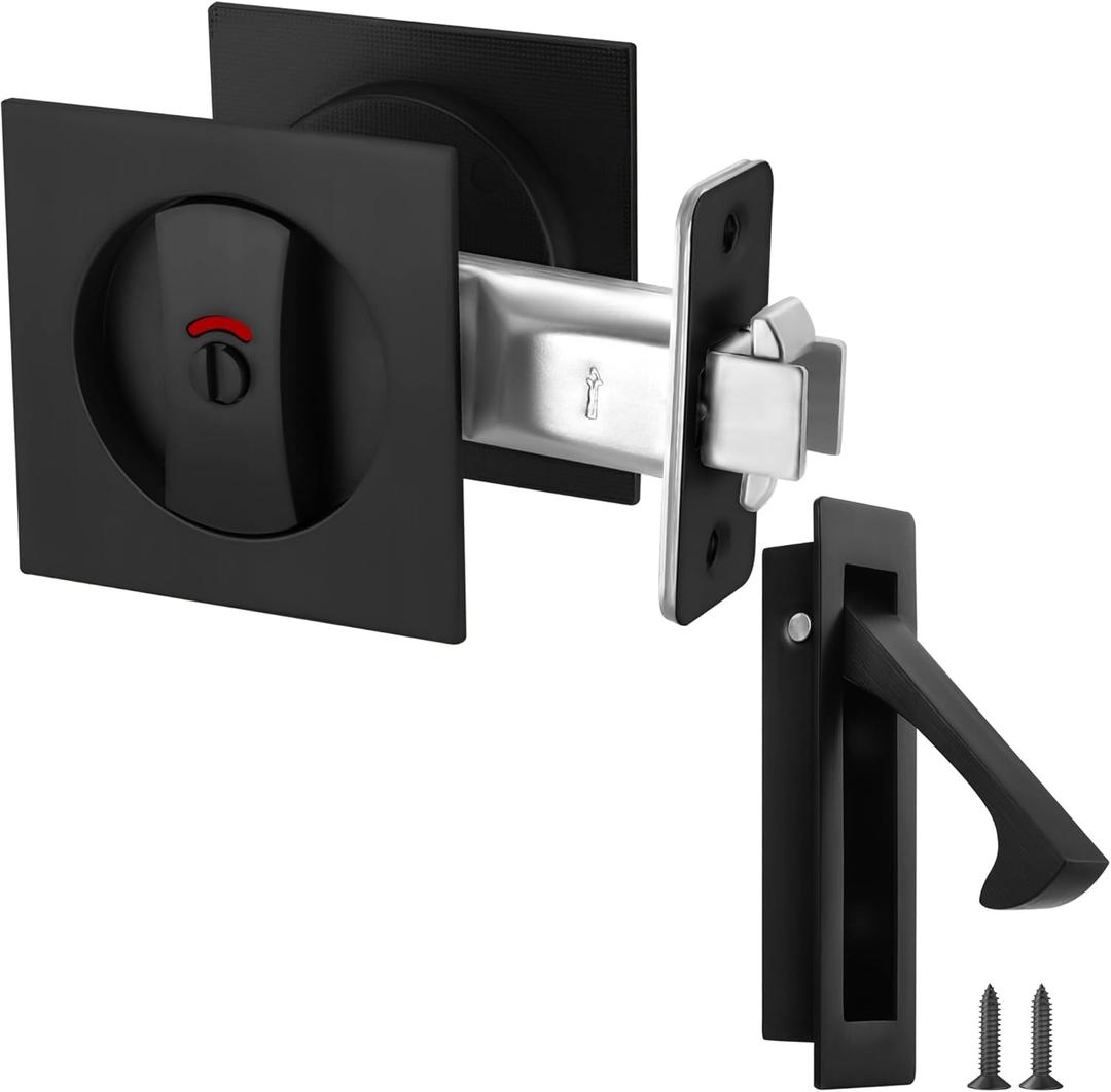 Malimali Pocket Door Lock, Pocket Door Hardware Square Door Lock for Privacy Sliding Door Bifold Door Locks and Pulls Handles Replacement Hardware (Matte Black Set A, Privacy Lock with Indicator)