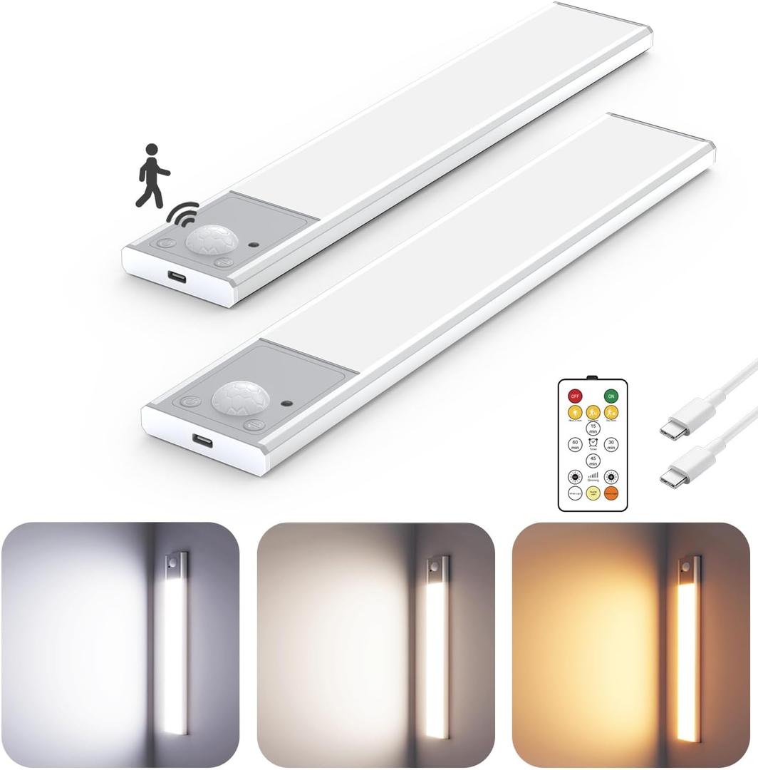 8" Ultra-Thin Under Cabinet Lighting Wireless, Aluminum Alloy Under Counter Lights for Kitchen, 3-Color-Temps Magnetic Closet Lights, Rechargeable Motion Sensor Light Indoor (2 Pack, Silver)
