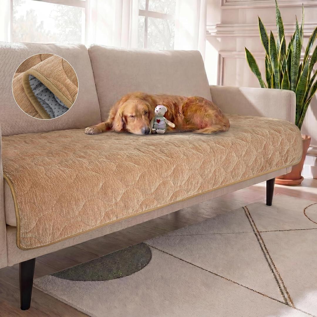 Turquoize Couch Cover for Dogs Washable Non-Slip Couch Covers for 3 Cushion Couch Sofa Pet Friendly Quilted Thick Chenille Sofa Slipcover Furniture Protector Covers for Pet, 36 x 82Inch, Khaki