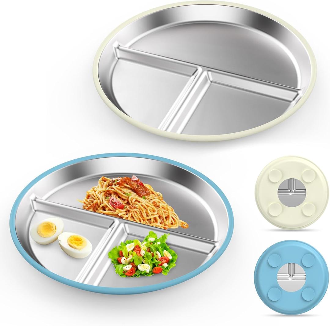 Stainless Steel Kids Plates (2 Pack): 9" Divided Plates with Silicone Suction for Babies, Unbreakable Dinner Dishes for Toddlers, Non Toxic, BPA Free, Anti-Slip, Dishwasher Safe (Bule & Yellow)