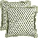 CPC Block Print Ruffle Throw Cover Emerald Green 20"x20" Inch Pack of 2-100% Cotton Ruffle Couch Decorative Boho Pillows Case for Living Room, Bedroom, Sofa, Farmhouse Gift for Spring, Mother's Day