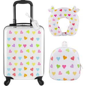 Sanwuta 4 Pcs Kids Luggage Set Carry On Rolling Suitcase Backpack Neck Pillow Travel Set Gift for Girls Boys Summer Camp(20 Inch,Heart Style,White)