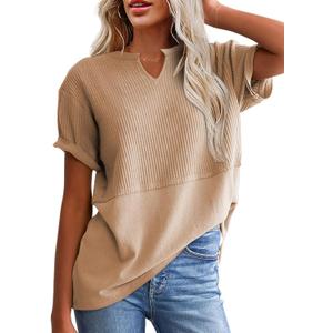 SHEWIN Womens Casual V Neck Waffle Knit Tops Short Sleeve T Shirts Loose Blouses (Beige, XXL)
