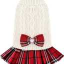 Small Dog Sweater Dog Christmas Sweater Dress with Bowtie Soft Warm Turtleneck Knitted Festival Pet Clothes Cold Weather Puppy Clothes for Small Medium Dogs Cats (White)