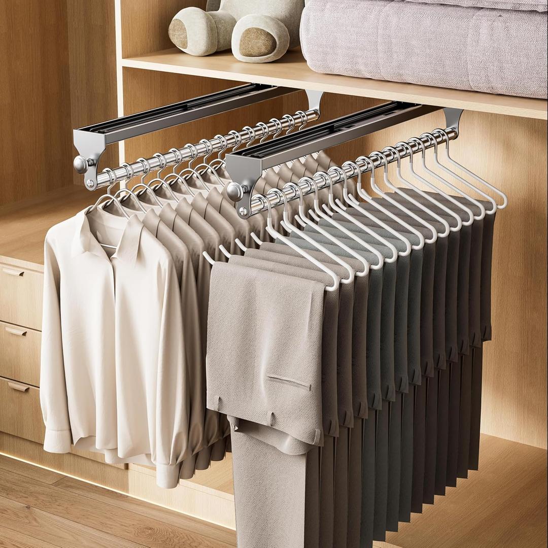 2 Pack Pull Out Closet Rod, 13.7inch Heavy Duty Pants Rack, Adjustable Clothes Hanger Rail, Space Aluminum Valet Rod, Top Mounted Wardrobe Clothes Organizer, Closet Storage for Trousers Coats Gray