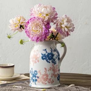Pink Blue and White Pitcher Vase, 8 Inch Vintage Chinoiserie Ceramic Flower Vase, Rustic Retro Ice Cracked Antique Porcelain Vases for Home Farmhouse Table Centerpieces Shelf Decor