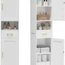 Homhedy 67" H Bathroom Storage Cabinet, Tall Storage Cabinet with Adjustable Shelves, Freestanding Cabinet with Doors and Drawer, Narrow Cabinet for Bathroom, Living Room, Kitchen, Dining Room, White, 11.8"D x 15.7"W x 67"H