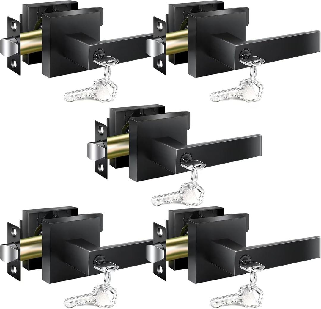 Door Handles Interior, Door Knobs Interior, Black Door Handle with Reversible Lever, Keyed Alike Door Lock Sets for Bedroom, 5 Packs Heavy Duty Door Lock Sets, Matte Black (Entry(Lock with Same Keys))